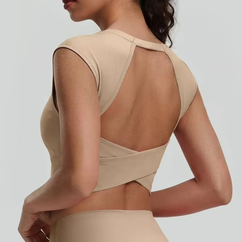 Women's Sexy Backless Cropped Yoga Tank Top with Fixed Pads - Quick Dry, Moisture Wicking, Slim Fit Workout T-Shirt for Gym Fitn