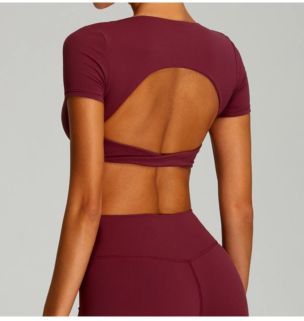Sexy Sports Shirts Breathable Short Sleeves Workout Tops Fitness Female Backless Yoga Clothing Sport Crop Tops Women Gym Top