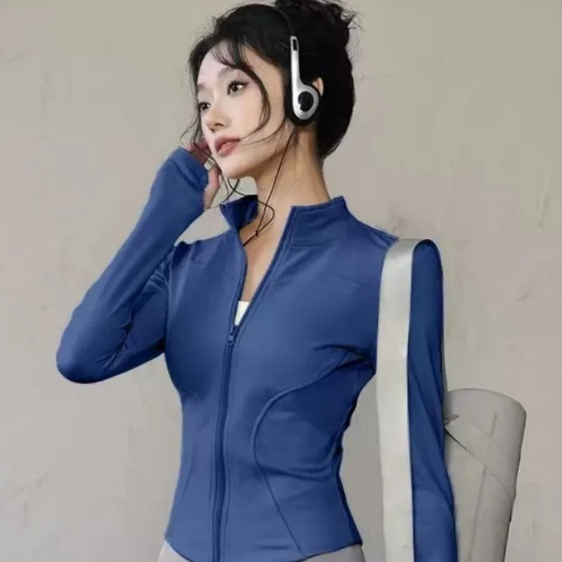 Women Slim Fit Yoga Jacket Quick Dry Zip Up Stand Collar Fitness Running Sports Top