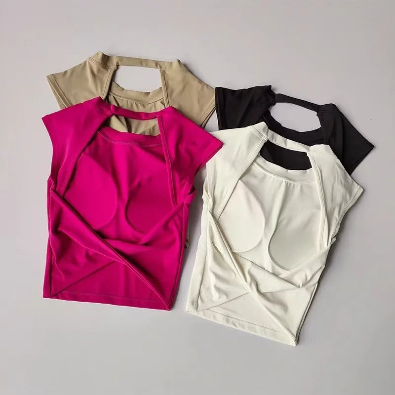 Women's Sexy Backless Cropped Yoga Tank Top with Fixed Pads - Quick Dry, Moisture Wicking, Slim Fit Workout T-Shirt for Gym Fitn