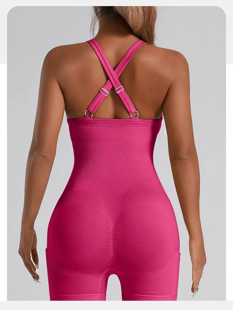 Sports Bra Built-in Criss Cross Back Yoga Bodysuit, Sexy Racerback One Piece Workout Unitard with Shorts & Padded for Women