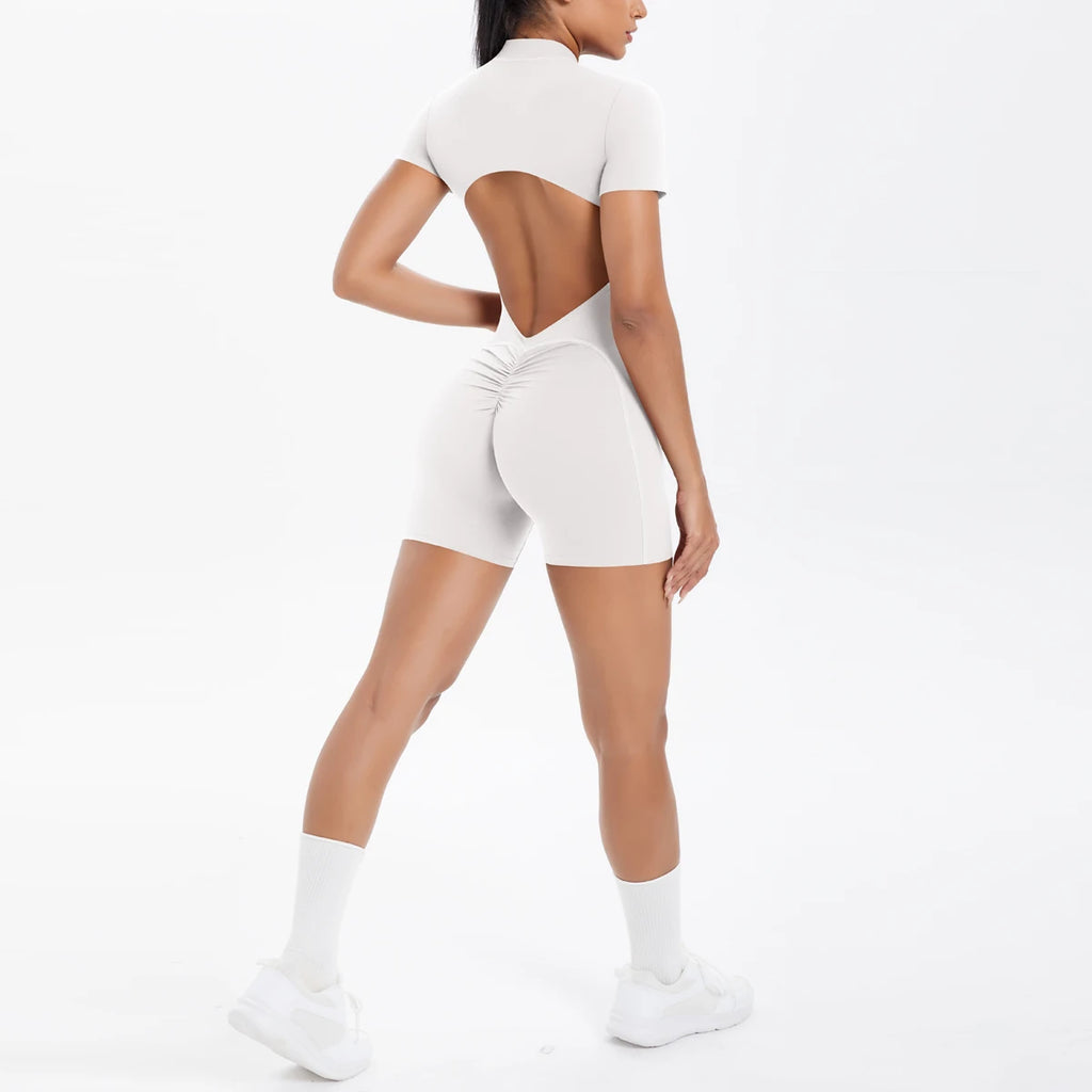 Hollow Out Backless Short Sleeved Zipper Jumpsuit for Woman Jumpsuit Yoga Suit One-Piece Legging Short Push Up Gym Yoga Clothing