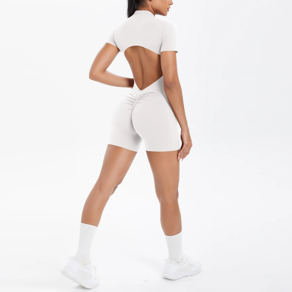 Hollow Out Backless Short Sleeved Zipper Jumpsuit for Woman Jumpsuit Yoga Suit One-Piece Legging Short Push Up Gym Yoga Clothing