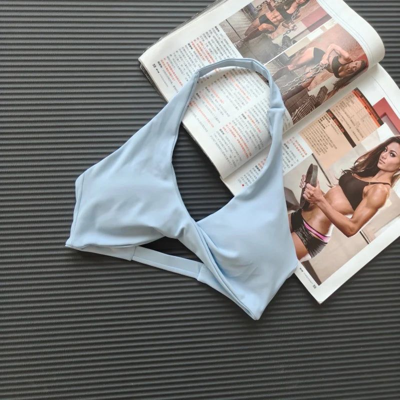 Halter Twist Yoga Bra Women V-Neck Open Back Wireless Padded Fitness Gym Pilates Top