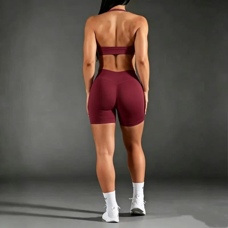 Women Halter Open‑Back Seamless Summer Set Breathable Sculpt Top High‑Waist Peach Biker Shorts 2‑Piece Yoga Gym Running Outfit