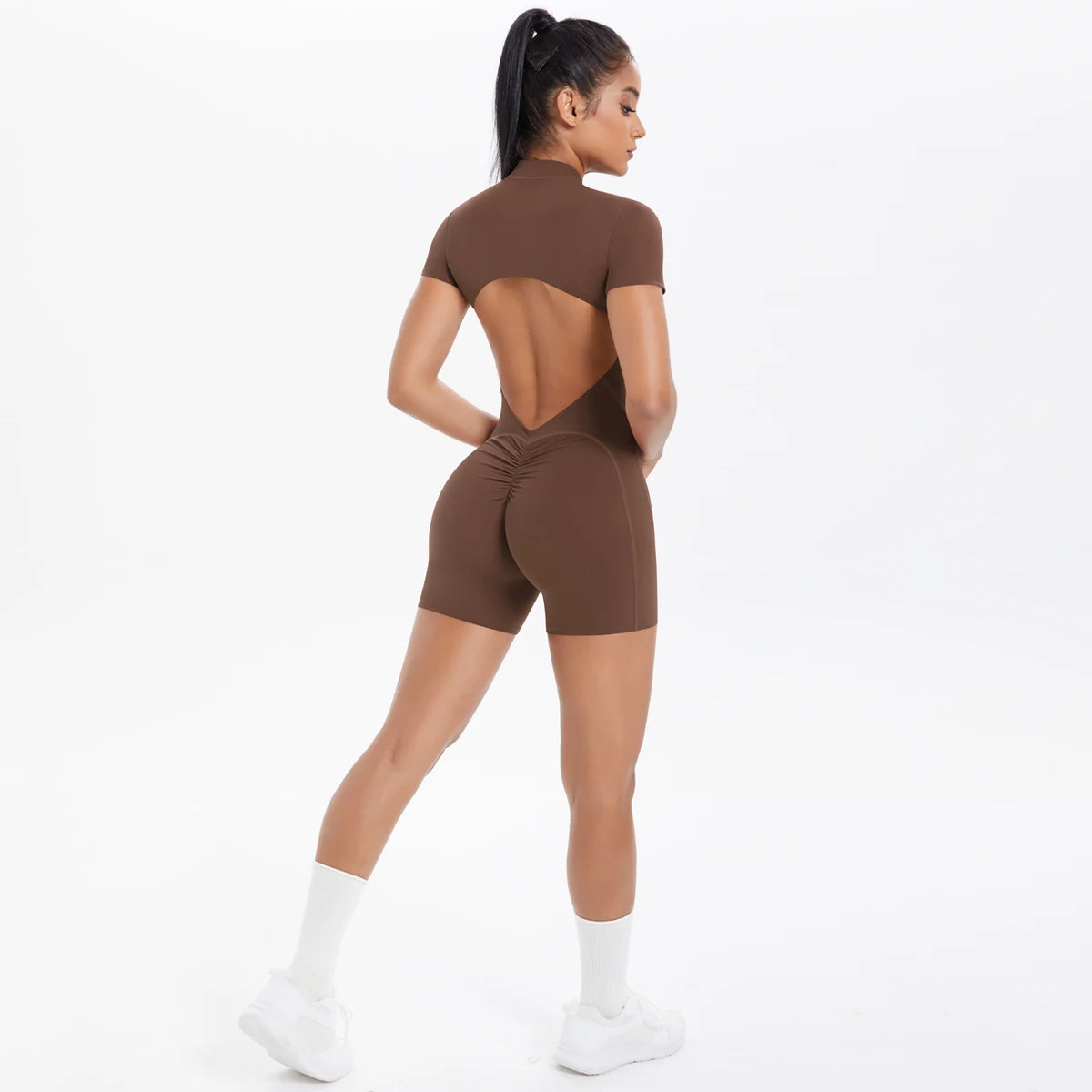 Hollow Out Backless Short Sleeved Zipper Jumpsuit for Woman Jumpsuit Yoga Suit One-Piece Legging Short Push Up Gym Yoga Clothing