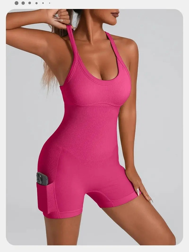 Sports Bra Built-in Criss Cross Back Yoga Bodysuit, Sexy Racerback One Piece Workout Unitard with Shorts & Padded for Women