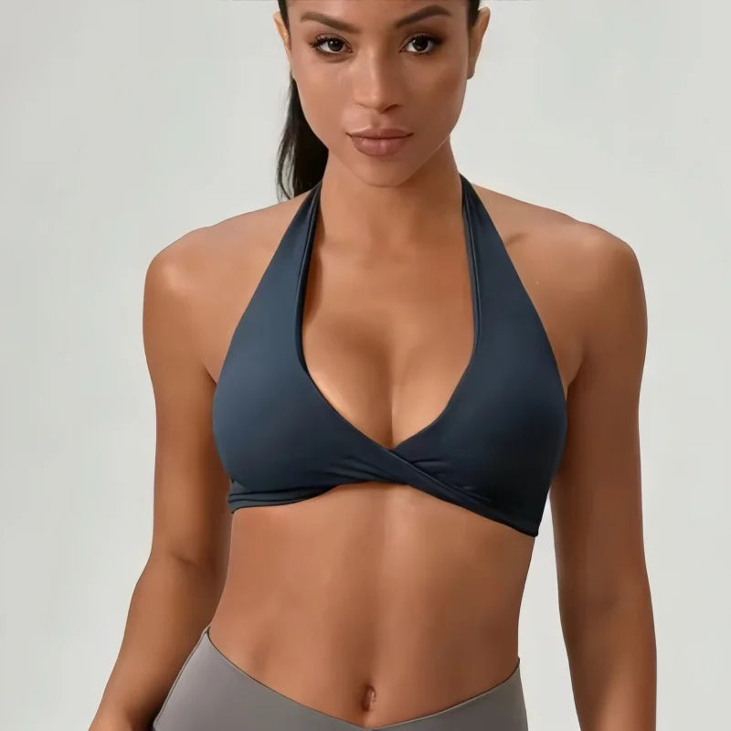 Halter Twist Yoga Bra Women V-Neck Open Back Wireless Padded Fitness Gym Pilates Top