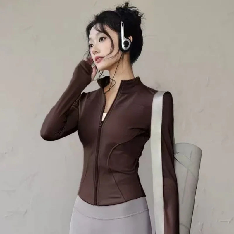 Women Slim Fit Yoga Jacket Quick Dry Zip Up Stand Collar Fitness Running Sports Top