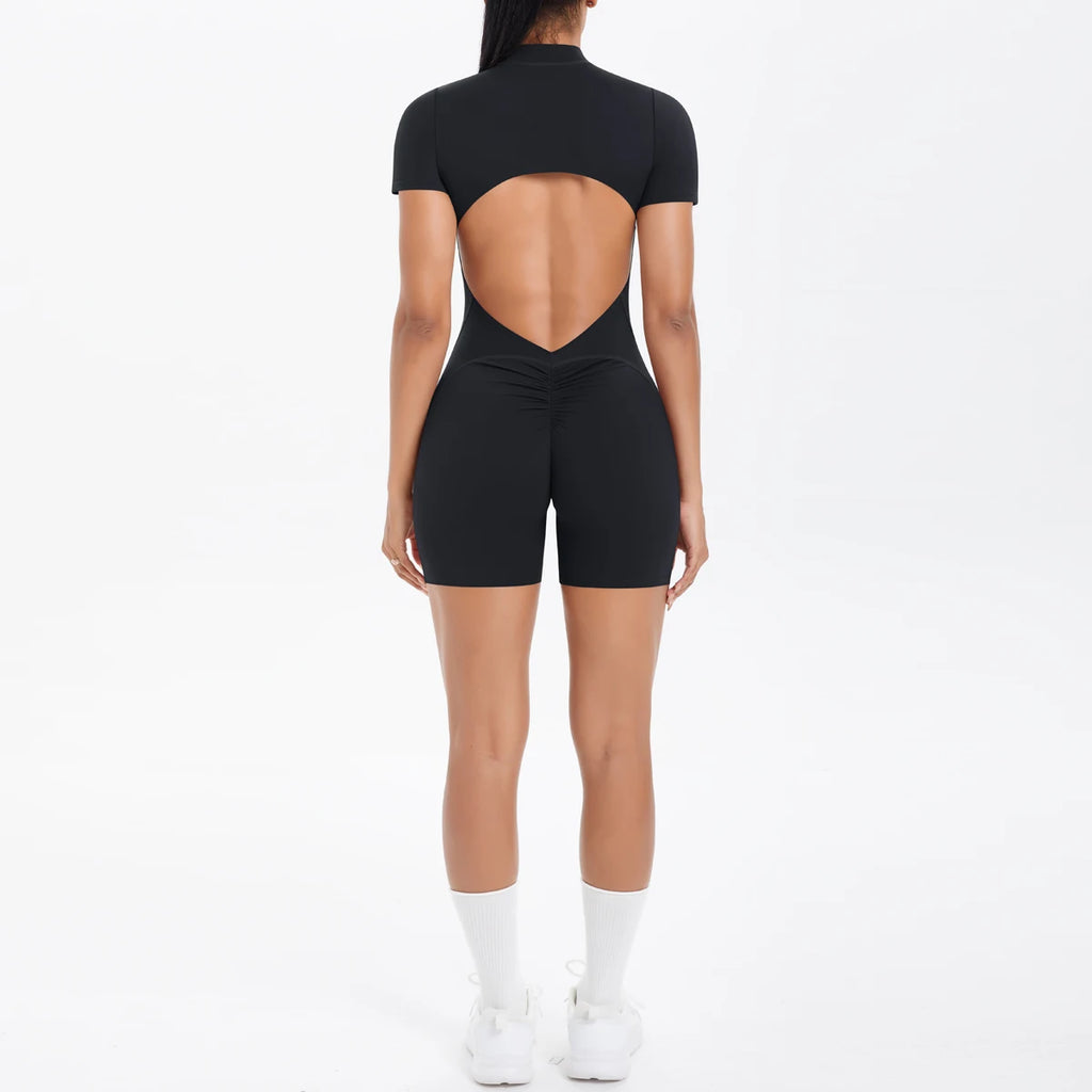 Hollow Out Backless Short Sleeved Zipper Jumpsuit for Woman Jumpsuit Yoga Suit One-Piece Legging Short Push Up Gym Yoga Clothing