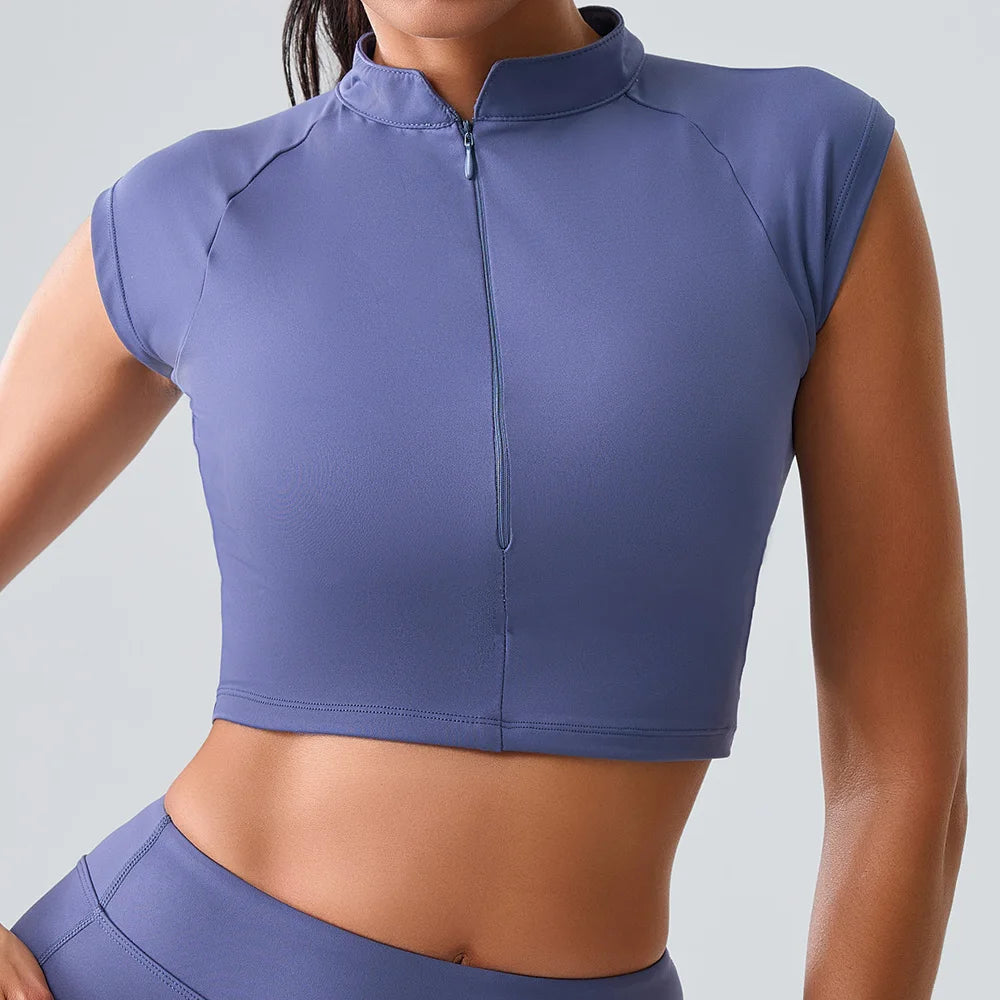 Women Yoga Top Zipper Sport T Shirts Push Up Fitness Clothes Workout Short Sleeve Yoga Shirt Gym Top Quick Drying Running Top