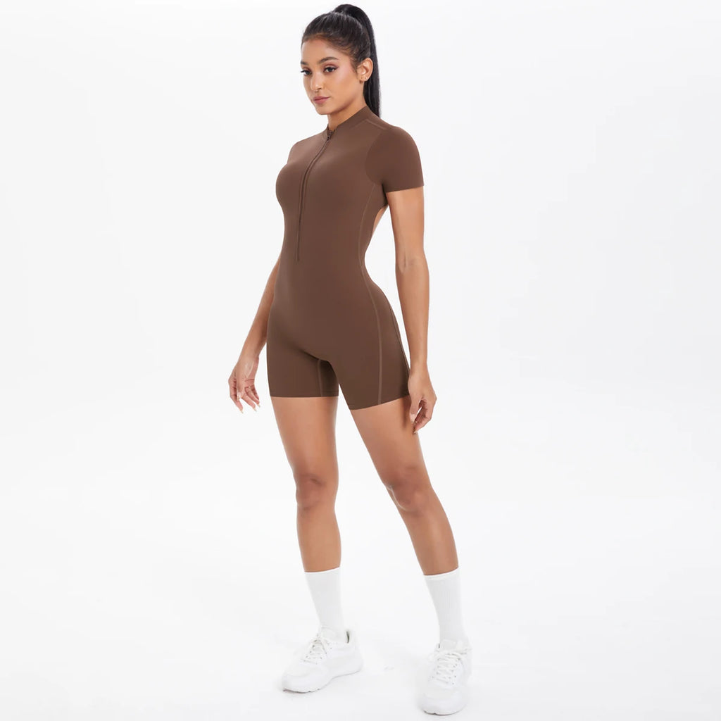 Hollow Out Backless Short Sleeved Zipper Jumpsuit for Woman Jumpsuit Yoga Suit One-Piece Legging Short Push Up Gym Yoga Clothing
