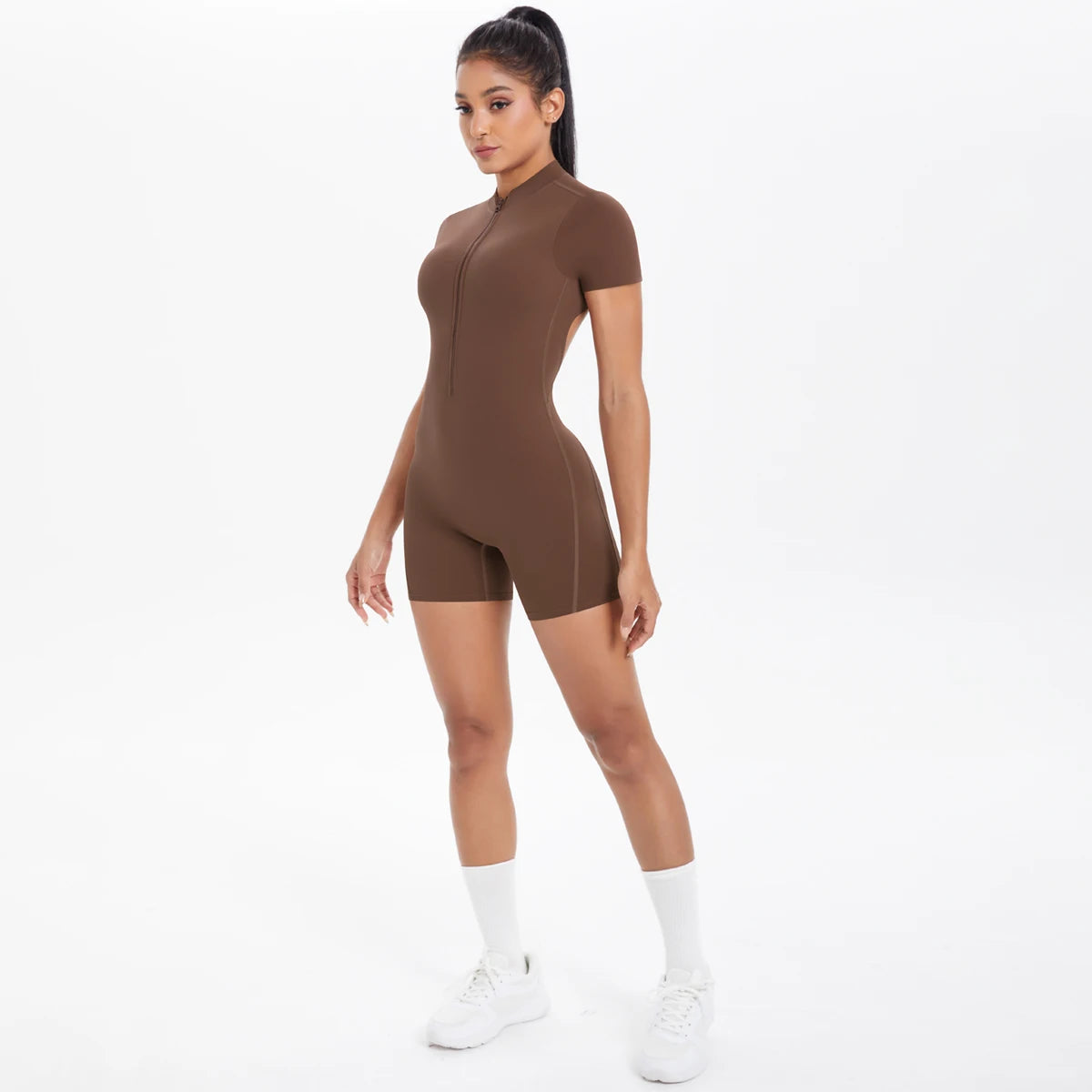 Hollow Out Backless Short Sleeved Zipper Jumpsuit for Woman Jumpsuit Yoga Suit One-Piece Legging Short Push Up Gym Yoga Clothing