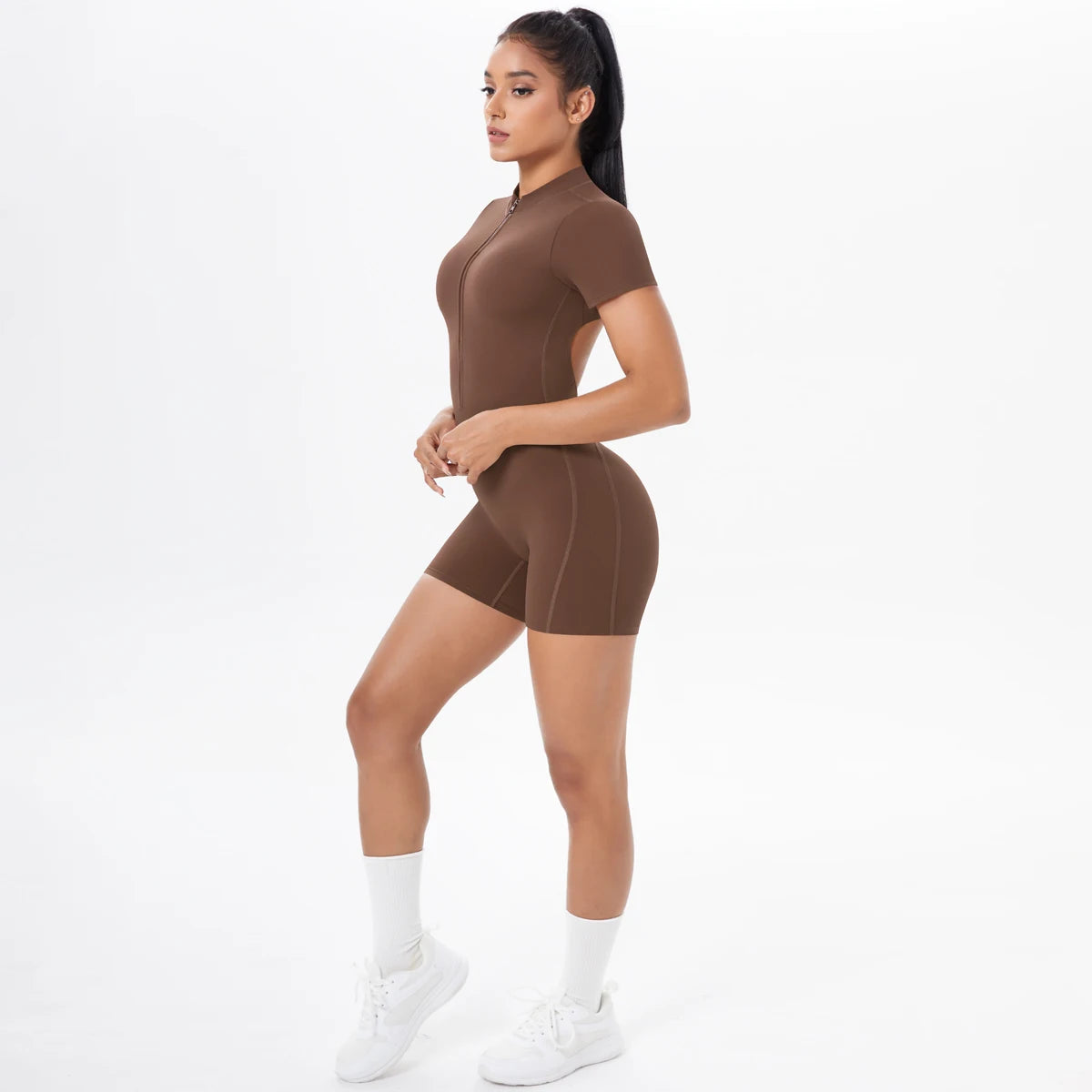 Hollow Out Backless Short Sleeved Zipper Jumpsuit for Woman Jumpsuit Yoga Suit One-Piece Legging Short Push Up Gym Yoga Clothing
