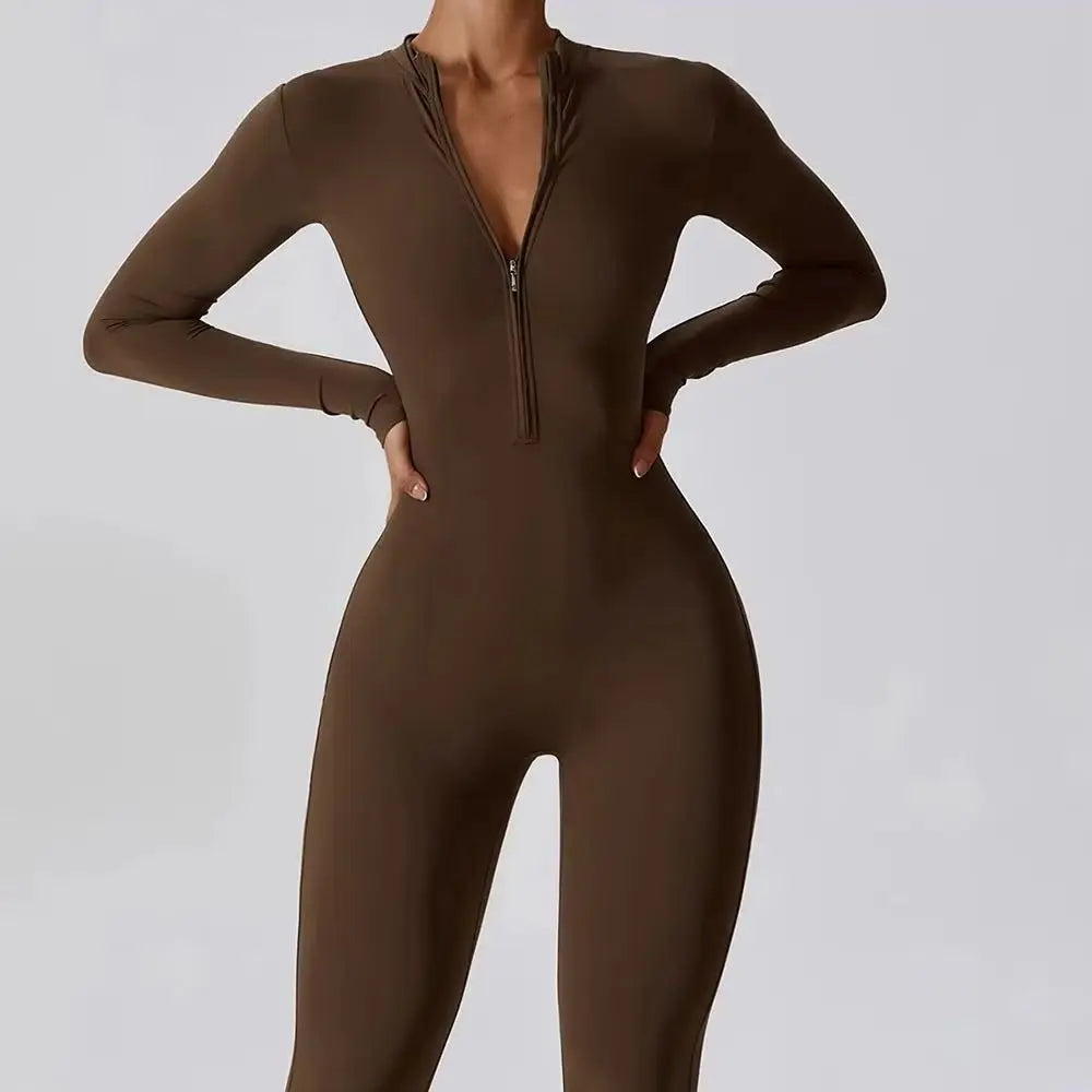 Yoga Boilersuit Long Sleeved Women's Sportswear Gym Zipper Jumpsuits Workout High-intensity Fitness One-piece Skin-tight Garment