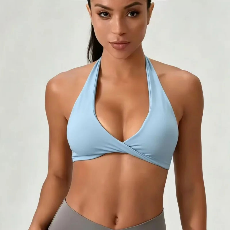 Halter Twist Yoga Bra Women V-Neck Open Back Wireless Padded Fitness Gym Pilates Top