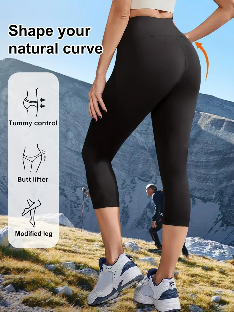 Womens High Waisted 7 Length Non See Through Leggings Ultra Soft Compression Tummy Control Yoga Workout Pants Plus Size Shorts