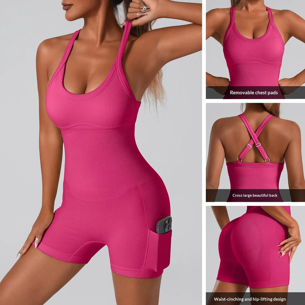 Sports Bra Built-in Criss Cross Back Yoga Bodysuit, Sexy Racerback One Piece Workout Unitard with Shorts & Padded for Women