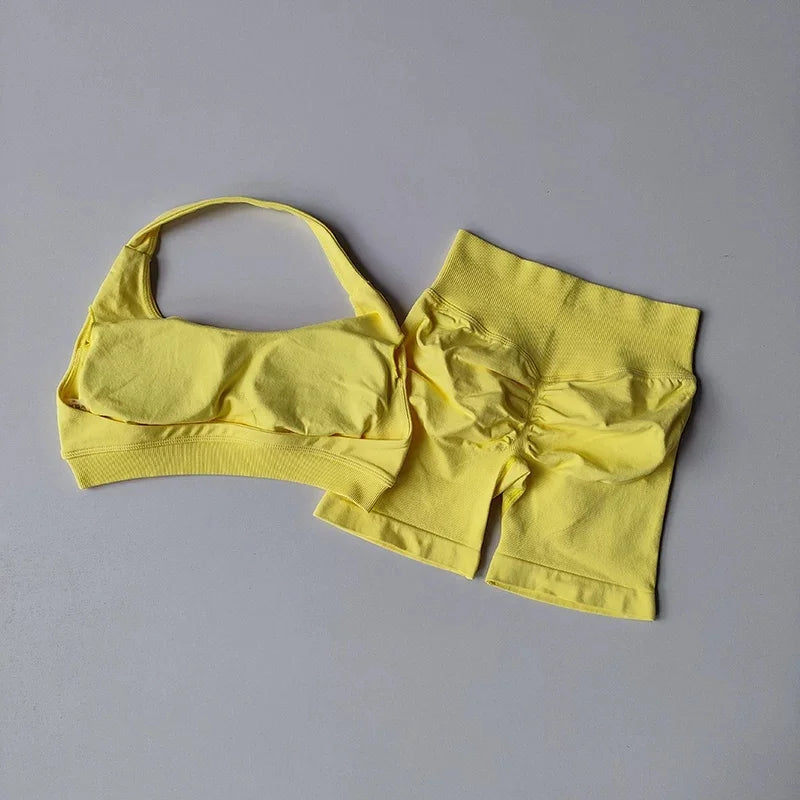 Women Halter Open‑Back Seamless Summer Set Breathable Sculpt Top High‑Waist Peach Biker Shorts 2‑Piece Yoga Gym Running Outfit