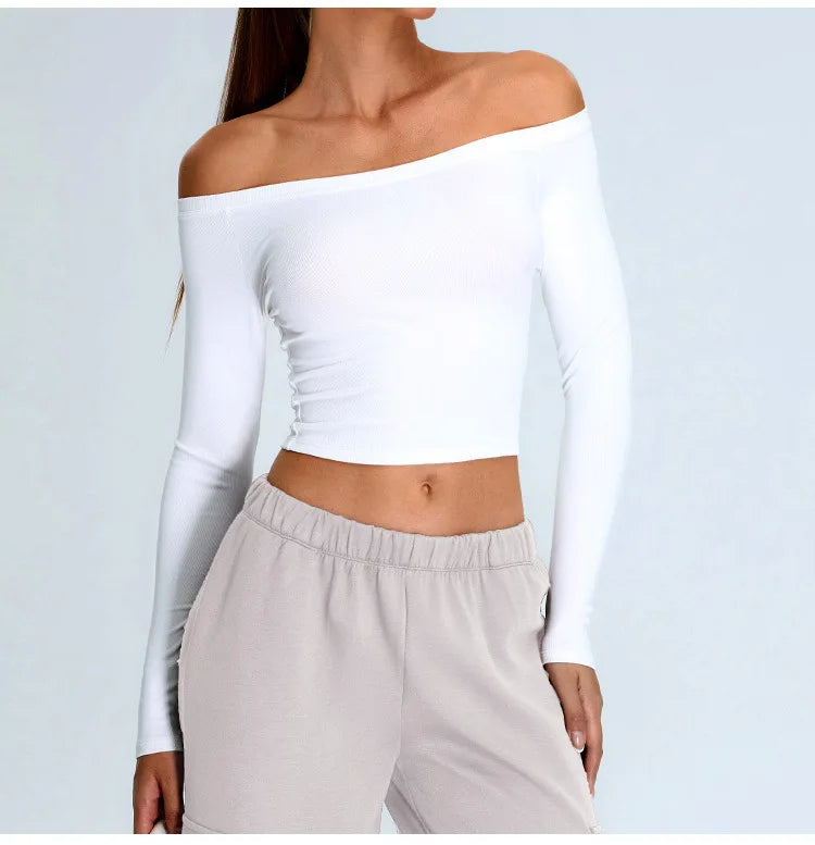 Off Shoulder Long Sleeve Yoga T-shirts Women Solid Sports Top Gym Workout Running Shirts Sexy Quick Dry Fitness Gym Sport Wear