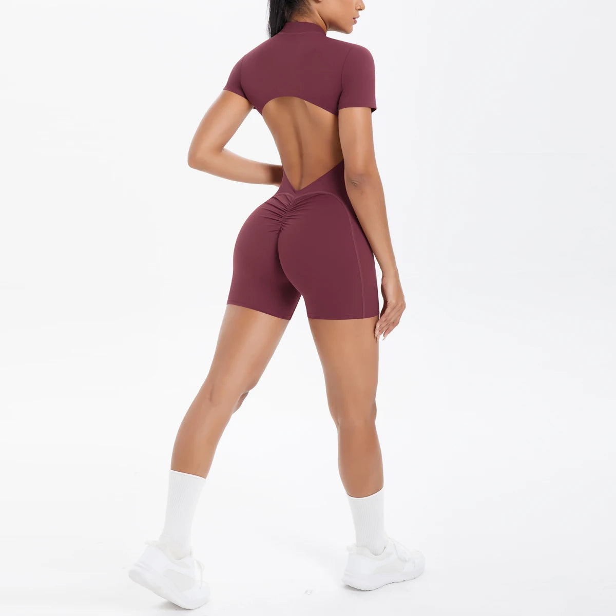 Hollow Out Backless Short Sleeved Zipper Jumpsuit for Woman Jumpsuit Yoga Suit One-Piece Legging Short Push Up Gym Yoga Clothing