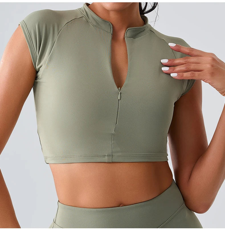 Women Yoga Top Zipper Sport T Shirts Push Up Fitness Clothes Workout Short Sleeve Yoga Shirt Gym Top Quick Drying Running Top