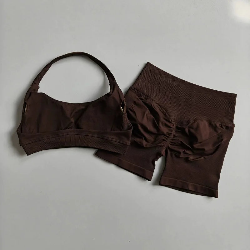 Women Halter Open‑Back Seamless Summer Set Breathable Sculpt Top High‑Waist Peach Biker Shorts 2‑Piece Yoga Gym Running Outfit