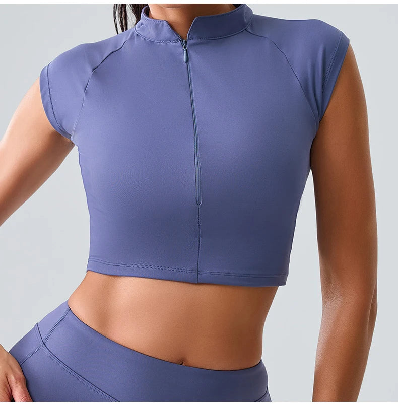 Women Yoga Top Zipper Sport T Shirts Push Up Fitness Clothes Workout Short Sleeve Yoga Shirt Gym Top Quick Drying Running Top