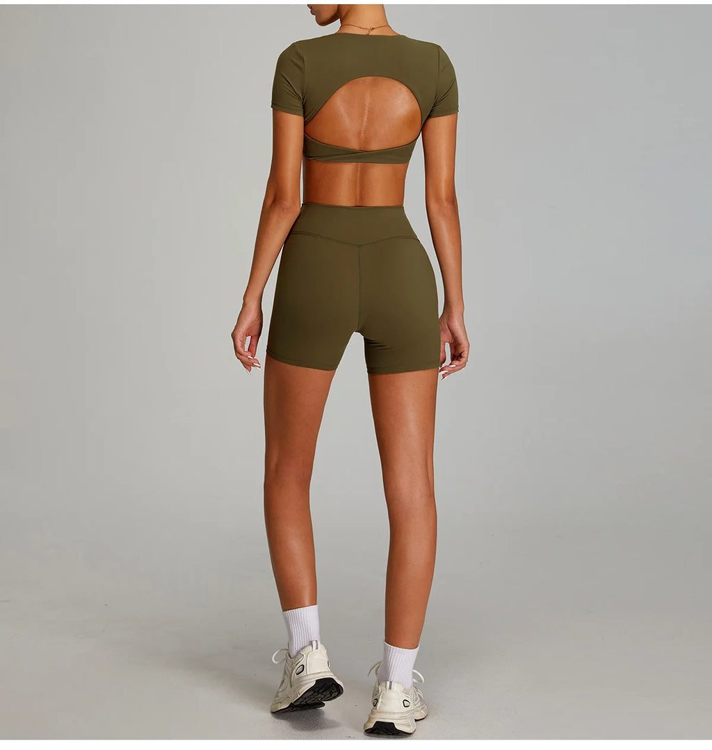 Sexy Sports Shirts Breathable Short Sleeves Workout Tops Fitness Female Backless Yoga Clothing Sport Crop Tops Women Gym Top