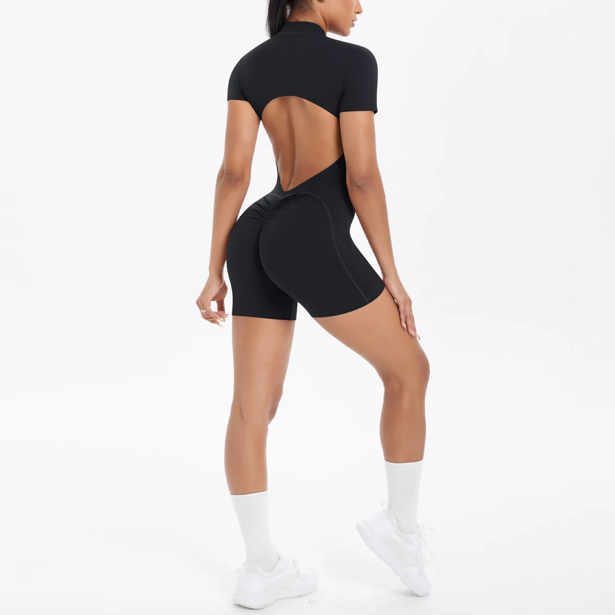 Hollow Out Backless Short Sleeved Zipper Jumpsuit for Woman Jumpsuit Yoga Suit One-Piece Legging Short Push Up Gym Yoga Clothing