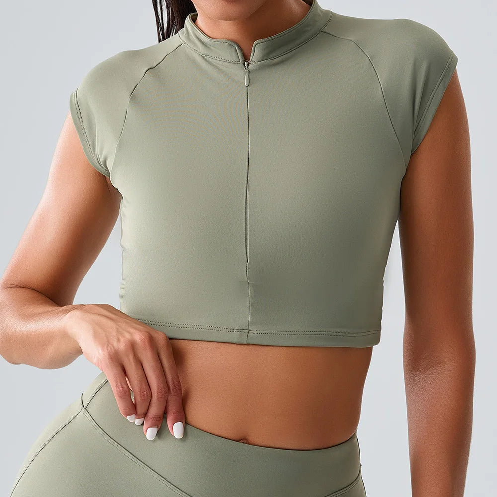 Women Yoga Top Zipper Sport T Shirts Push Up Fitness Clothes Workout Short Sleeve Yoga Shirt Gym Top Quick Drying Running Top