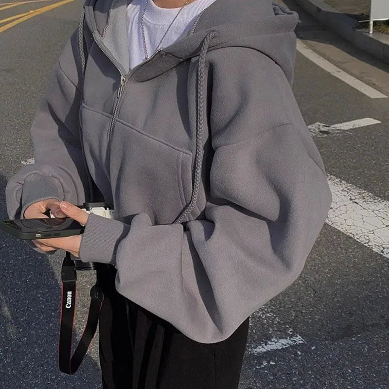 Autumn Winter Hooded Hoodies Women Casual Streetwear Zip Up