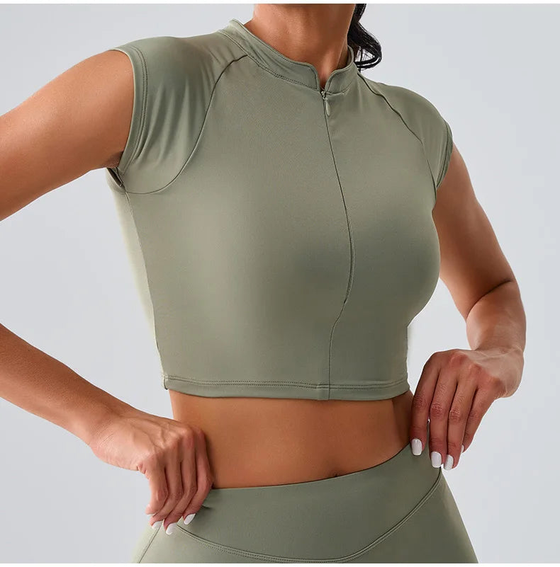 Women Yoga Top Zipper Sport T Shirts Push Up Fitness Clothes Workout Short Sleeve Yoga Shirt Gym Top Quick Drying Running Top