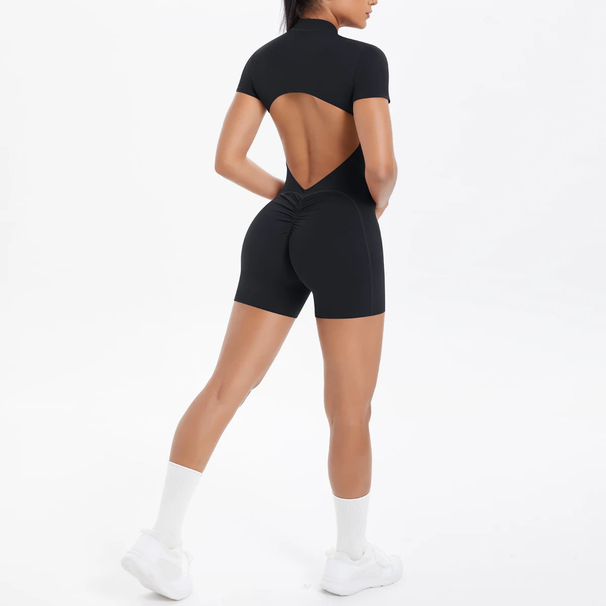 Hollow Out Backless Short Sleeved Zipper Jumpsuit for Woman Jumpsuit Yoga Suit One-Piece Legging Short Push Up Gym Yoga Clothing