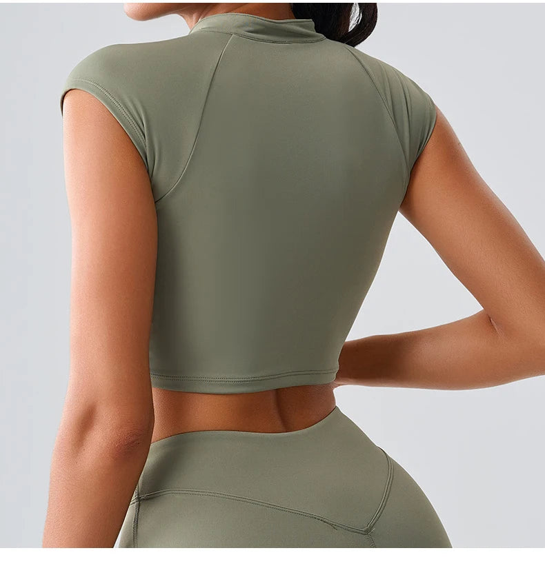 Women Yoga Top Zipper Sport T Shirts Push Up Fitness Clothes Workout Short Sleeve Yoga Shirt Gym Top Quick Drying Running Top
