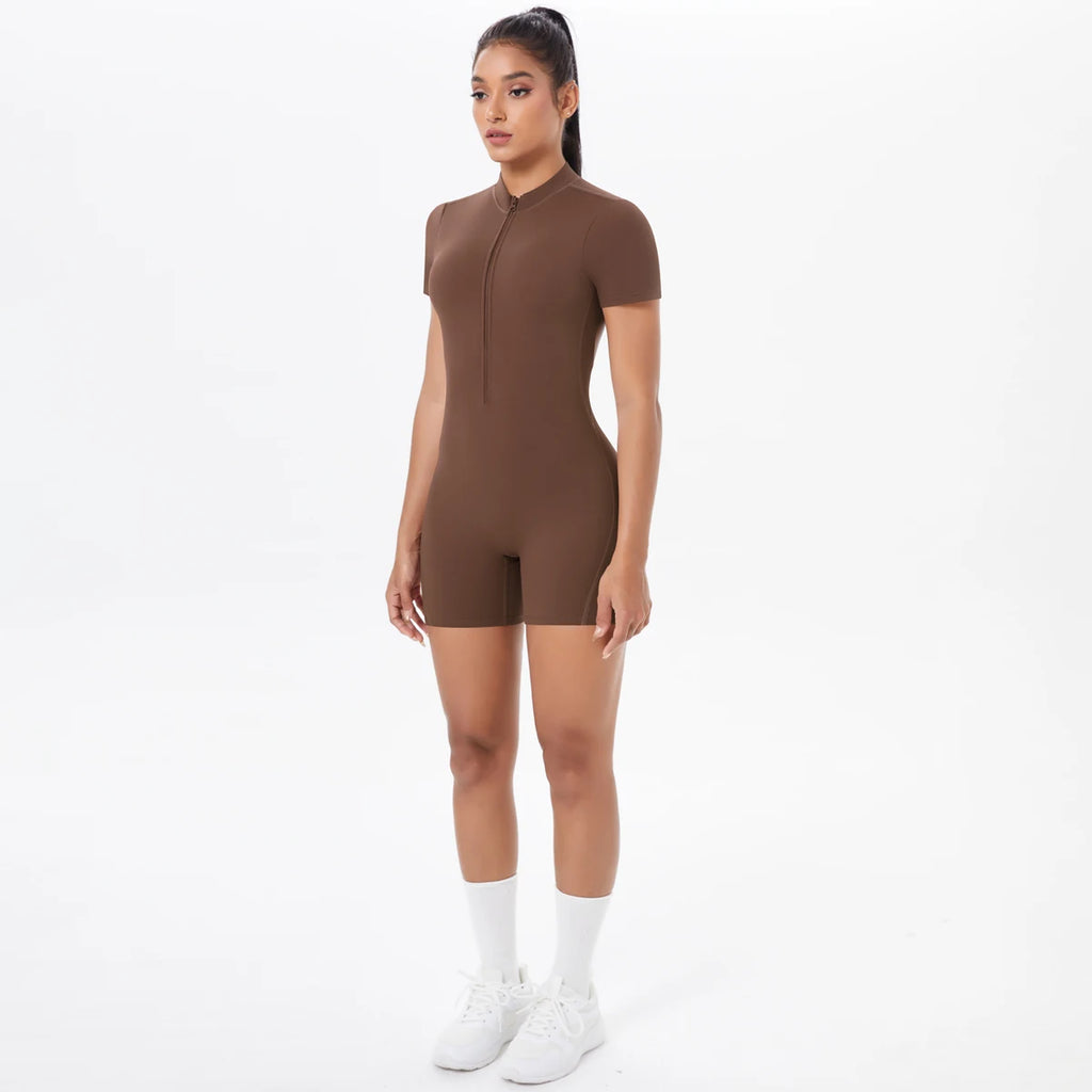 Hollow Out Backless Short Sleeved Zipper Jumpsuit for Woman Jumpsuit Yoga Suit One-Piece Legging Short Push Up Gym Yoga Clothing
