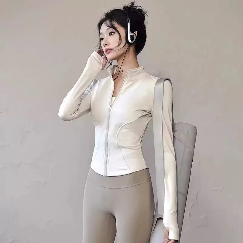 Women Slim Fit Yoga Jacket Quick Dry Zip Up Stand Collar Fitness Running Sports Top