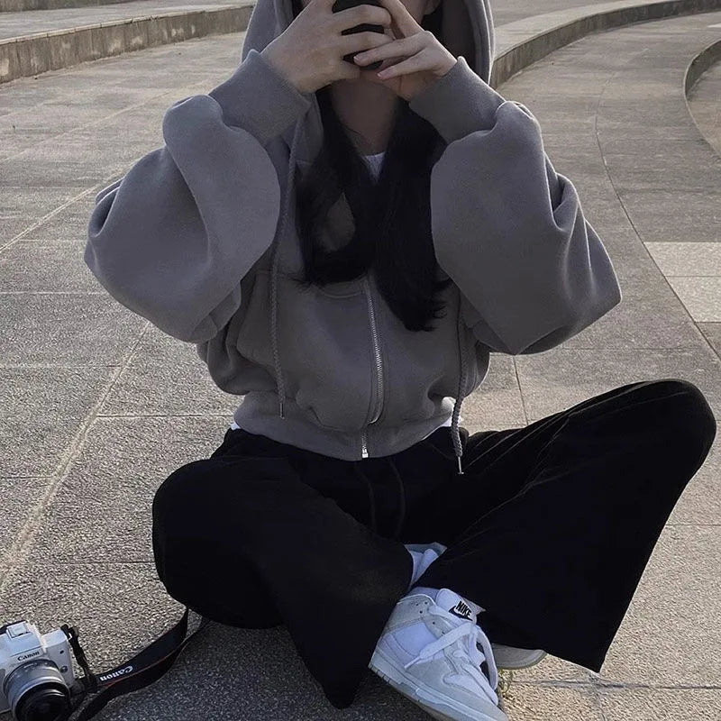 Autumn Winter Hooded Hoodies Women Casual Streetwear Zip Up