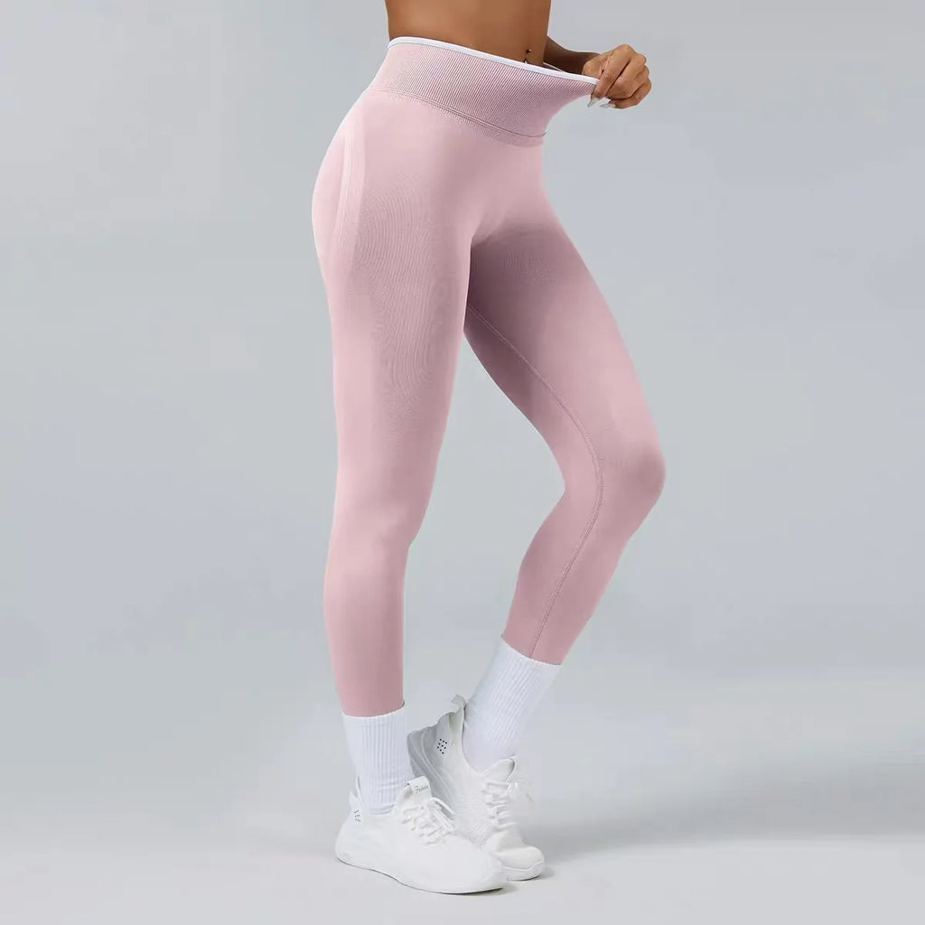 Women's High Waist Yoga Pants, Tummy Control Contrast Color Booty Leggings, Quick Dry Moisture Wicking Stretch Fitness Pants