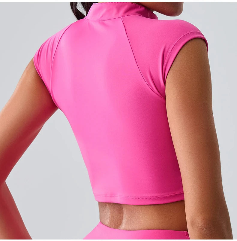Women Yoga Top Zipper Sport T Shirts Push Up Fitness Clothes Workout Short Sleeve Yoga Shirt Gym Top Quick Drying Running Top