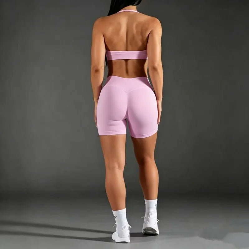 Women Halter Open‑Back Seamless Summer Set Breathable Sculpt Top High‑Waist Peach Biker Shorts 2‑Piece Yoga Gym Running Outfit