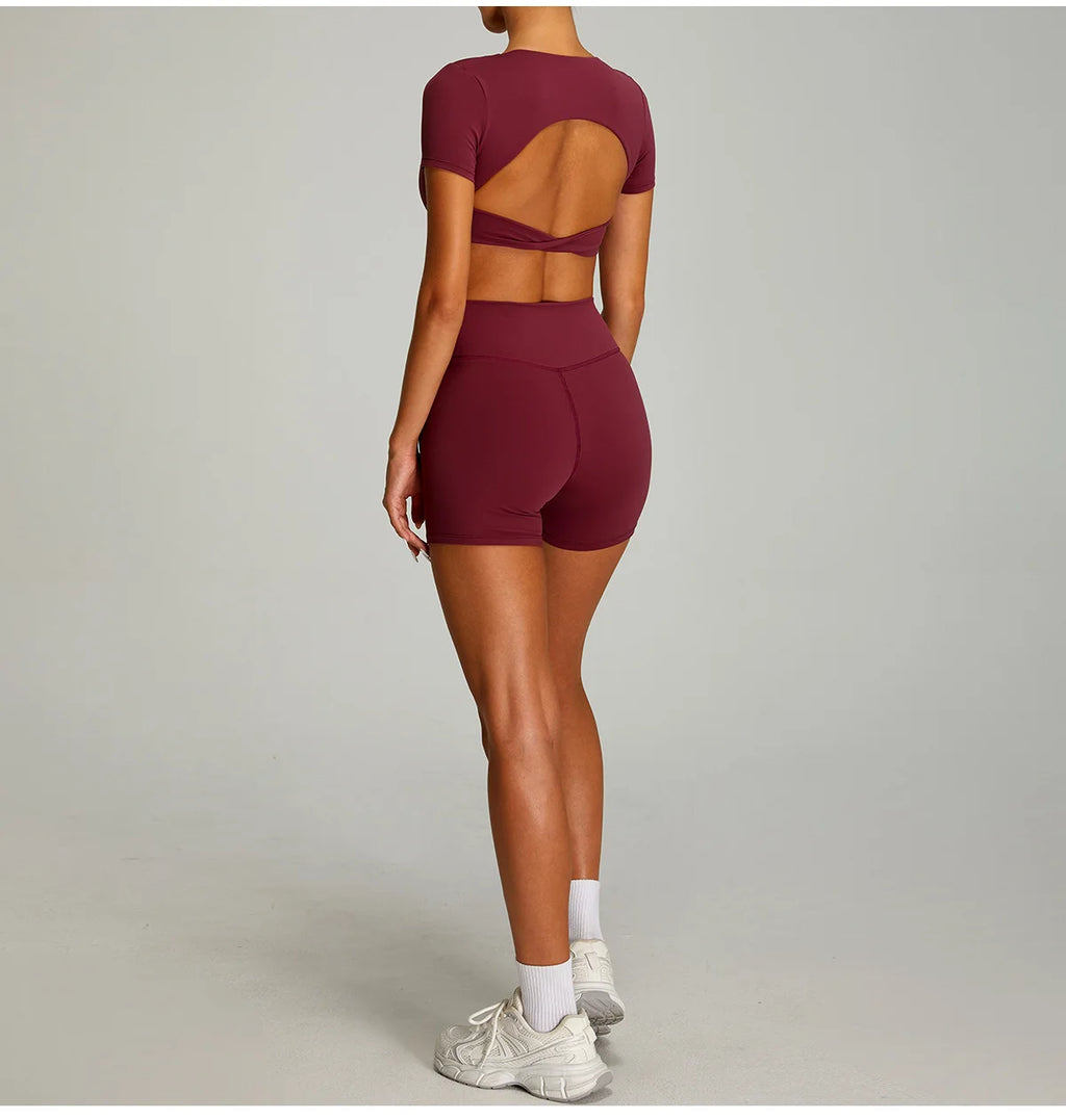 Sexy Sports Shirts Breathable Short Sleeves Workout Tops Fitness Female Backless Yoga Clothing Sport Crop Tops Women Gym Top