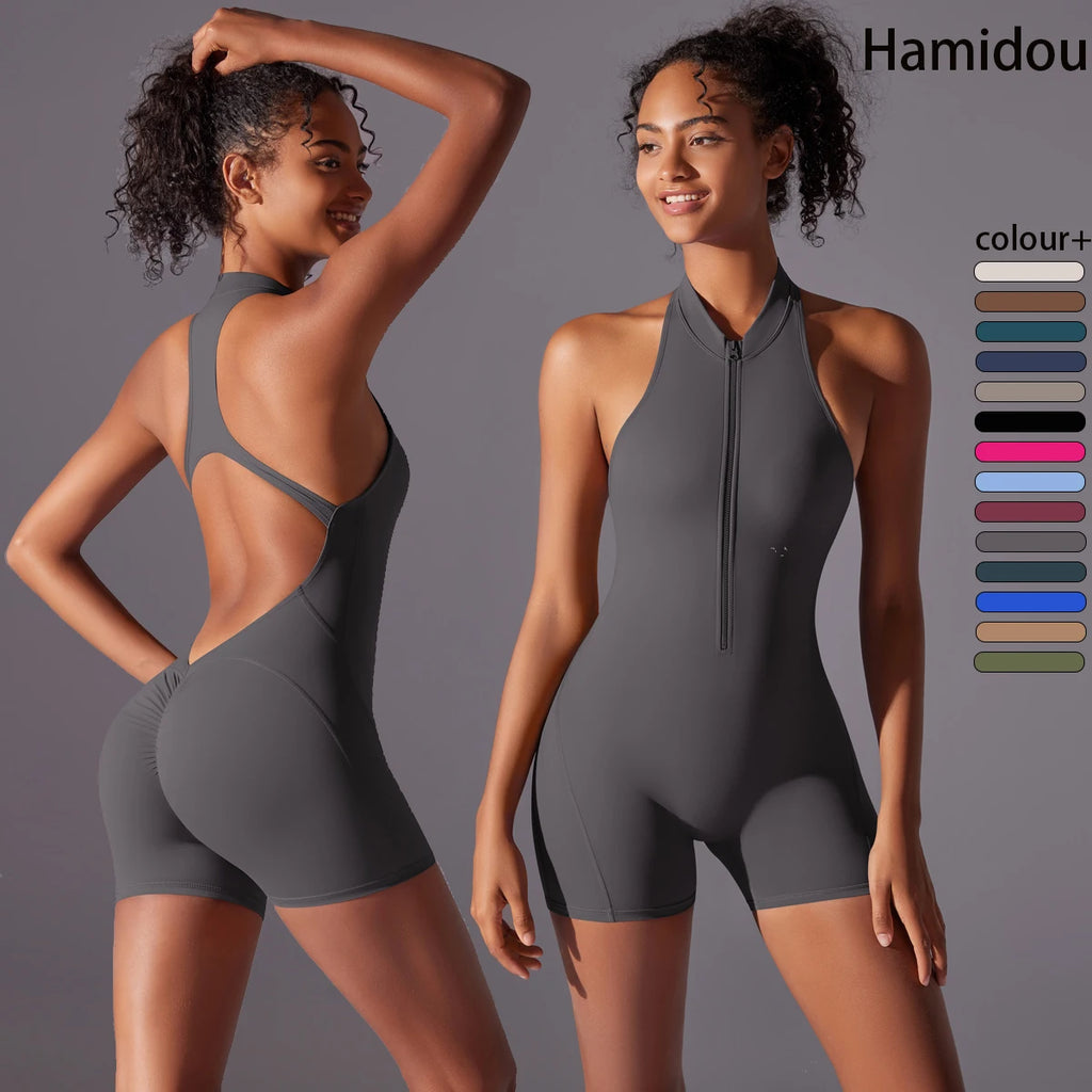 Half Zipper Women Bodysuits Gym Push Up Workout Clothes Backless Scrunch Fitness Sports Yoga Bodysuit Sleeveles Fitness Jumpsuit