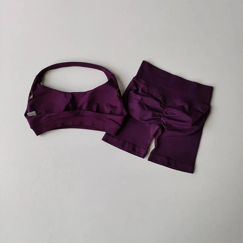 Women Halter Open‑Back Seamless Summer Set Breathable Sculpt Top High‑Waist Peach Biker Shorts 2‑Piece Yoga Gym Running Outfit