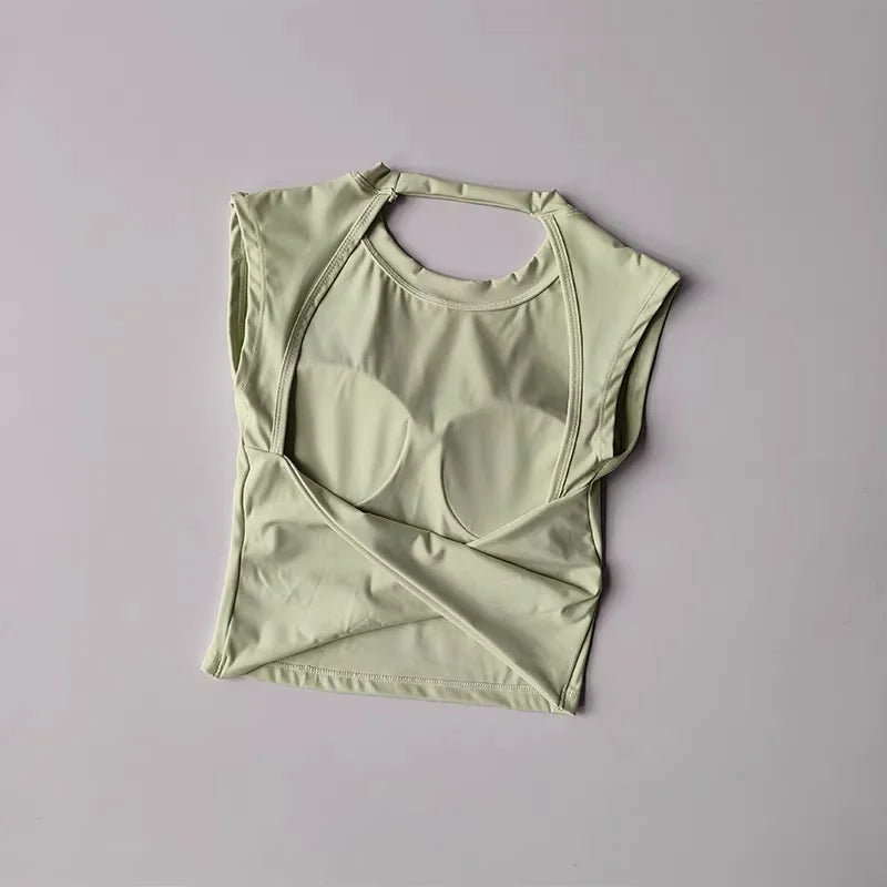 Women's Sexy Backless Cropped Yoga Tank Top with Fixed Pads - Quick Dry, Moisture Wicking, Slim Fit Workout T-Shirt for Gym Fitn