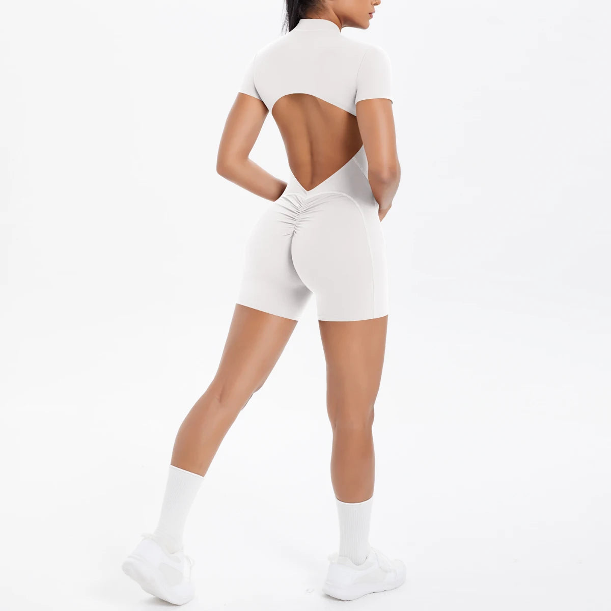Hollow Out Backless Short Sleeved Zipper Jumpsuit for Woman Jumpsuit Yoga Suit One-Piece Legging Short Push Up Gym Yoga Clothing