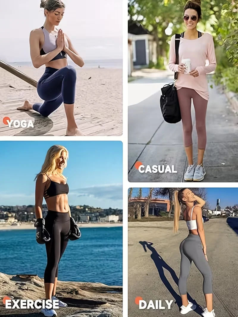 Womens High Waisted 7 Length Non See Through Leggings Ultra Soft Compression Tummy Control Yoga Workout Pants Plus Size Shorts