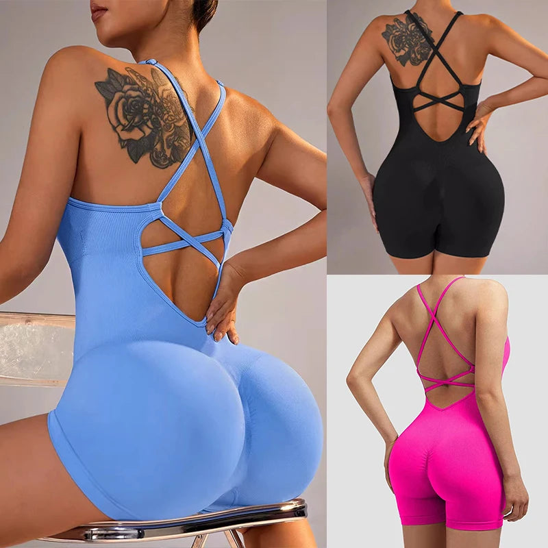 WAREBALL Women's Yoga Jumpsuit, Sexy One-Piece Fitness Romper with Strap, Tummy Control & Padded Sports Bra for Workout