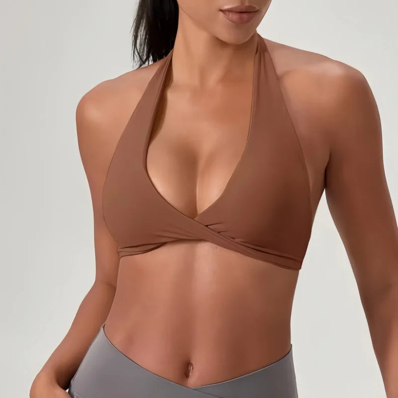Halter Twist Yoga Bra Women V-Neck Open Back Wireless Padded Fitness Gym Pilates Top
