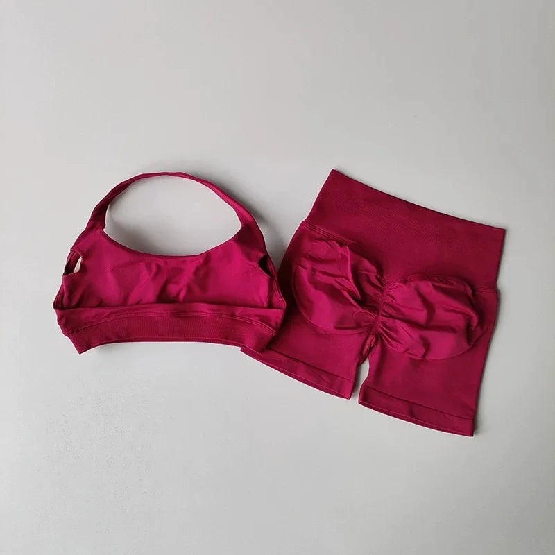 Women Halter Open‑Back Seamless Summer Set Breathable Sculpt Top High‑Waist Peach Biker Shorts 2‑Piece Yoga Gym Running Outfit